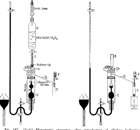 FIG.  1 8 7 . {Left) Manometric apparatus—after introduction of alkaline hydrazine  into chamber and before start of combustion