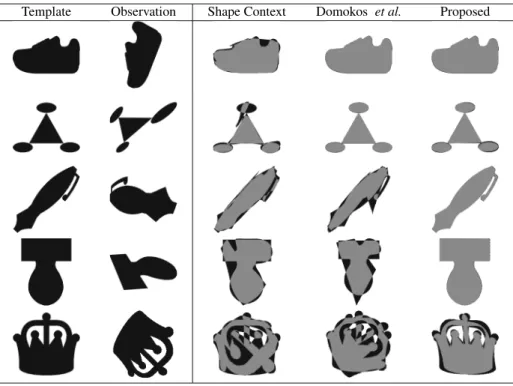 Fig. 2. Example images from the synthetic data set and registration results obtained by Shape Context [1], Domokos et al