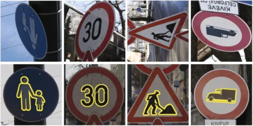 Fig. 3. Registration results on traffic signs. The images used as observations are shown in the first row, and below them the corresponding templates with the overlayed contours of the registration results.