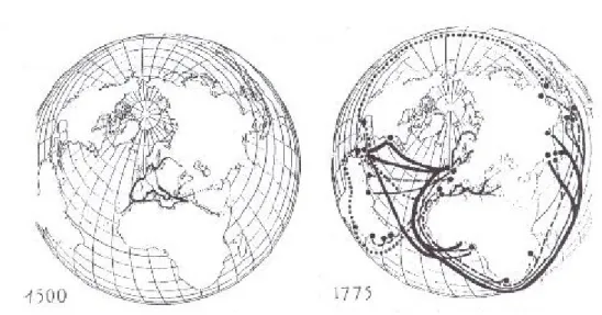 1. ábra: Az európai gazdaság-világ terjeszkedése a kora újkor idején. 1500 táján az euro-mediterrán  gazdaság-világot Velence irányította