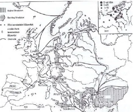 13. ábra: Európa kereskedelme és kereskedelmi útjai a 9. század elején. A melléktérkép a régészeti  feltárások során talált a pénzleletek térbeni megoszlását mutatja (N.J.G