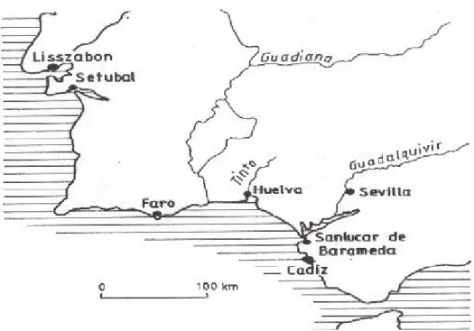 20. ábra: Portugália és Délnyugat-Spanyolország legfontosabb kikötői (N.J.G. Pounds: An Historical  Geography of Europe (1500-1840), Cambridge 1979