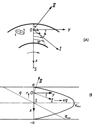 FIG. 6. Velocity and gradient distribution in the cylinder apparatus (a) and in  -σ  the capillary (b) with the corresponding principal axes ri\ and ni 