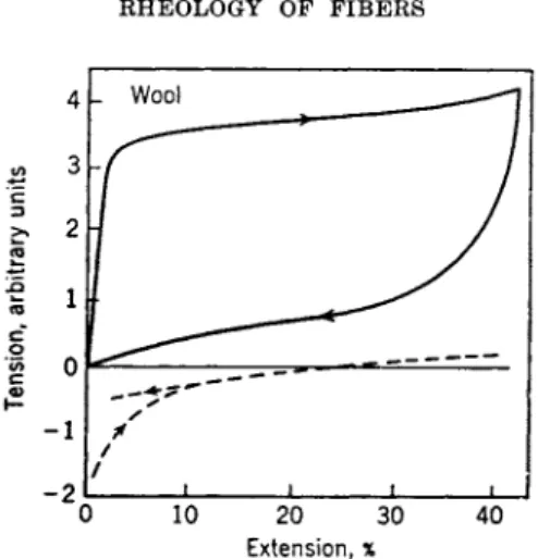 FIG.  1 3 .  W o o l in water at  2 0  t o  4 0 °  C . Continuous line gives total tension; dashed  line gives entropy contribution  t o tension