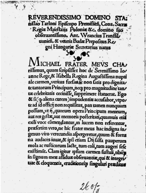 Fig. 2. Dedication of Antonius Verancius to Stanislaus Tarło   in the printed edition (BCzart