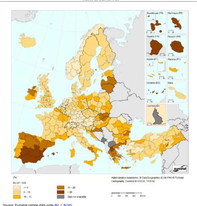 Figure 1.3 The unemployment rate of the 15-74 year-old inhabitants according to NUTS 2 regions (2011)