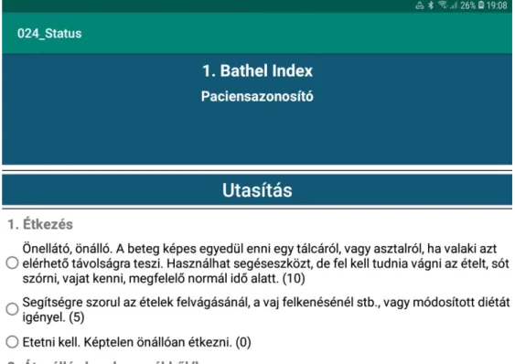 1. ábra: A Barthel index kezdőképernyője a Státusz alkalmazásban 