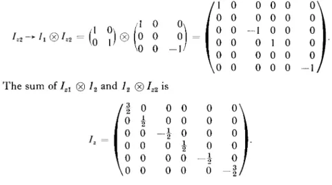 TABLE 4.1  KRONECKER PRODUCTS  (8)  ^2  Ιχ2 Iy2 Iz2  / / 0\  \_ίσ χ   0 \  \/o y   0 \  1 / a ,  0 \  1  ΙΟ  l)   2 \ 0  a J   2 \ 0  aj   2 \ 0  a  J  I/O  I\   1 / 0 σ,\  1 / 0 σ,\  1 / 0 σ,\  Xl  2  1/   0 / 4  \σ χ  0 / 4  \σ„  0 / 4  ΙΣ,  0 /  1 /1  2