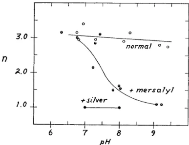 FIG.  3 . The pH dependence of heme-heme interaction as measured by n. The  molar ratio, mersalyl to hemoglobin, is about 10