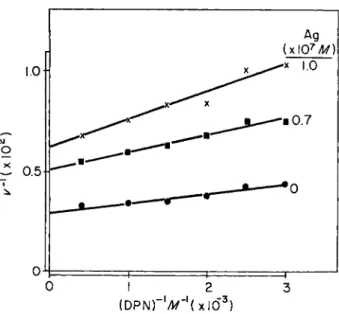 FIG. 6. Effect of  D P N on the  A g N 0 3  inhibition of YADH activity. Reciprocal  activity is plotted versus reciprocal  D P N concentration; different concentrations of  AgNOs, including zero, are shown