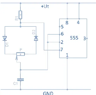 A  7.13  ábra  felső  részén  látható  az  astabil  multivibrátor  kondenzátorára  eső  feszültsége  cscope-ban,  a  7.13  ábra  alsó  részén  pedig  a  bemenetre  adott  válaszfüggvénye  (logikai  alacsony – magas), abban az esetben, ha az R 1  ellenállás