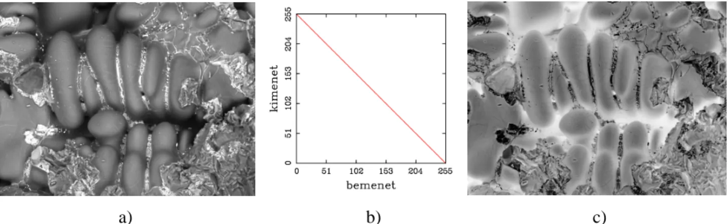 9. ábra. Komplemeter képzés. A képpontok intenzitás értékeit kivonjuk 255-b ı l. Az ábrán az eredeti  kép (a), az átviteli függvény (b) és az eredményül kapott kép (c) látható