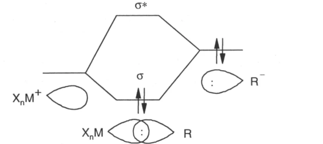 I.9. ábra - M-R σ-, σ*-molekulapályák kialakulása az X n M +  és R -  fragmenseken lokalizált pályák kölcsönhatásával