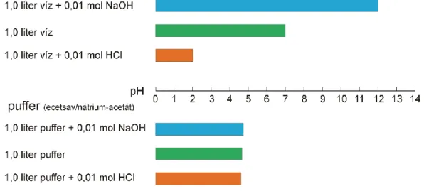 2.8.1. ábra: A pH változása erős sav, illetve lúg hatására víz, illetve pufferoldat esetén 