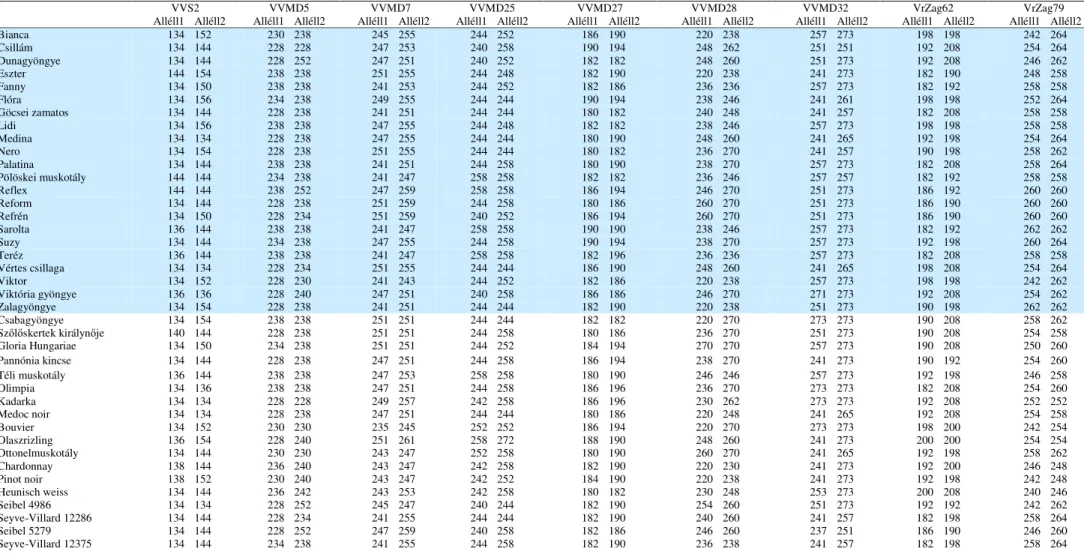 2. táblázat 40 szőlőminta 9 SSR lókusz eredménye 