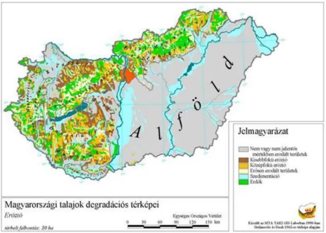 16. ábra: Magyarország eróziós térképe (MTA TAKI GIS Labor, 1998) Erózió által érintett területek kiterjedése Európában