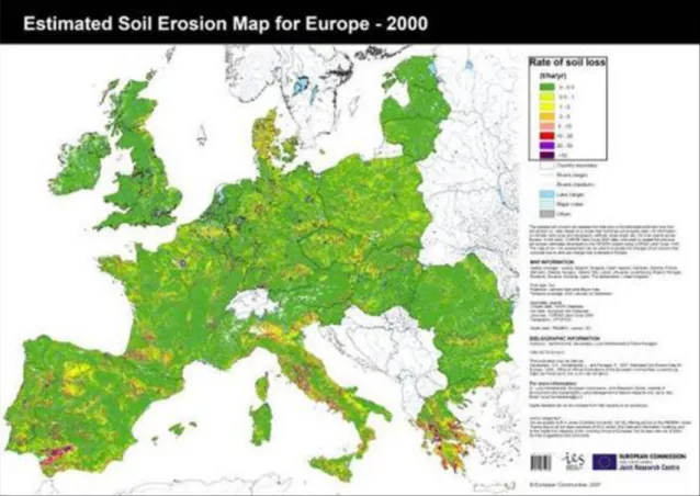 17. ábra: A „PESERA” modell segítségével becsült talajerózió Európában (EC, 2007)