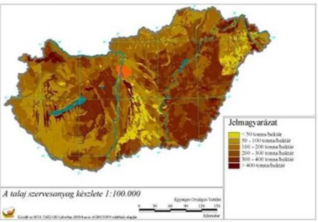 24. ábra: Hazai talajaink szervesanyag készlete (t/ha). (MTA TAKI GIS Labor, 2003)
