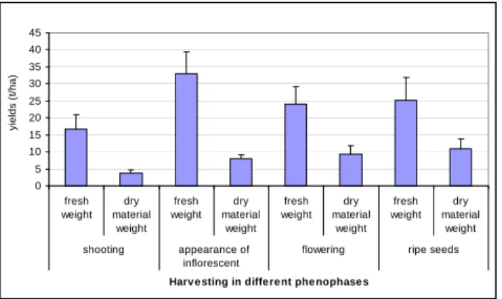 Fig. 11. Changes in fresh and dry weight of yields during a growing season on solonec  meadow soil type (mean and SD) 