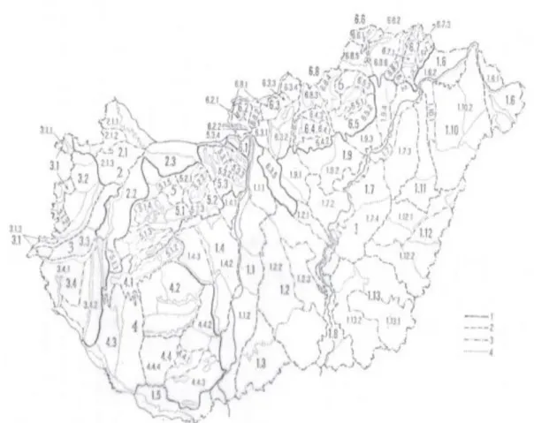 1. ábra. Magyarország természetföldrajzi tájbeosztása. 1 = nagytáj (makrorégió); 2 = középtáj (mezorégió); 3 =  kistájcsoport (szubrégió); 4 = kistáj (mikrorégió).