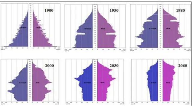 3.6. ábra: Magyarország korfája (1900, 1950, 1980, 2000, 2030, 2060) Forrás: http://www.ksh.hu/interaktiv/korfak/orszag.html – 2013