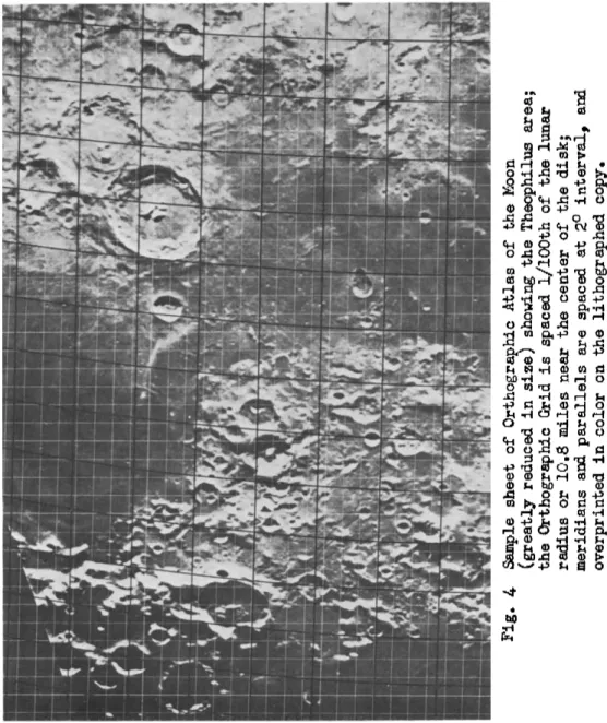 Fig. 4 Sample sheet of Orthographic Atlas of the Moon  (greatly reduced in size; showing the Theophilus area;  the Orthographic Grid is spaced l/lOOth of the lunar  radius or 10.8 miles near the center of the disk;  meridians and parallels are spaced at 2°