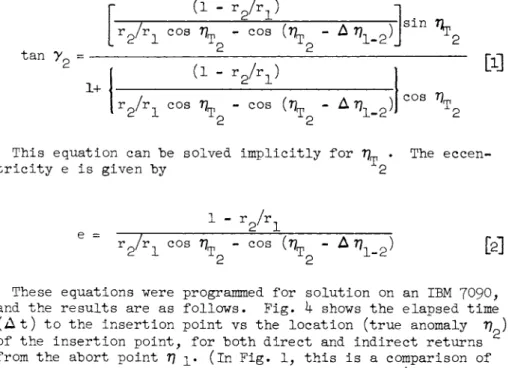 Fig. 5 gives the corresponding impulsive velocity require- require-ments for the two-impulse direct return and the single-impulse 