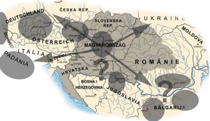5. ábra. Regionális centrumterületek és régiókezdemények a Duna mentén a 21. század  hajnalán 