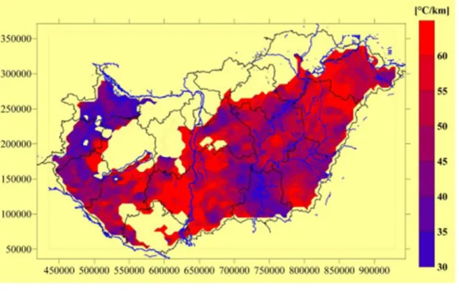 2. ábra. Magyarország 50 °C-nál melegebb hévíz feltárásának területei  