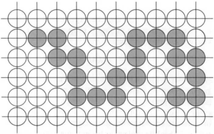 F I G . 21-11. Illustration of the statistical fitting of solvent molecules (open circles) and monomer  units (shaded circles) on a two-dimensional lattice