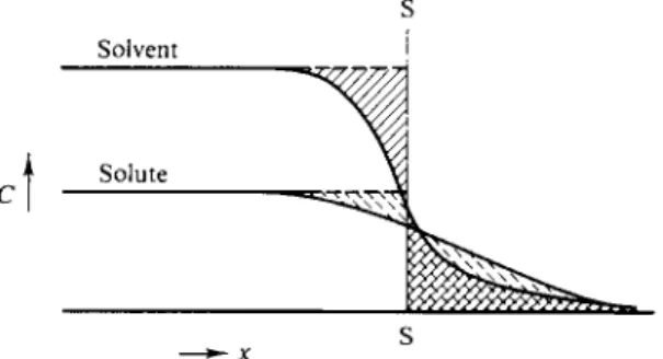 F I G . 9-26. Illustration of the  / y convention for the Gibbs equation. The dividing surface is  located so that the shaded areas for the solvent curve balance