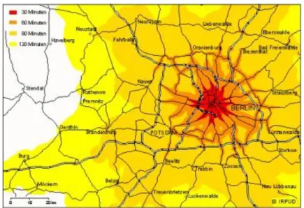 10.36. ábra. Berlin központjától 30, 60, 90 és 120 perc alatt elérhető területek (Forrás: 