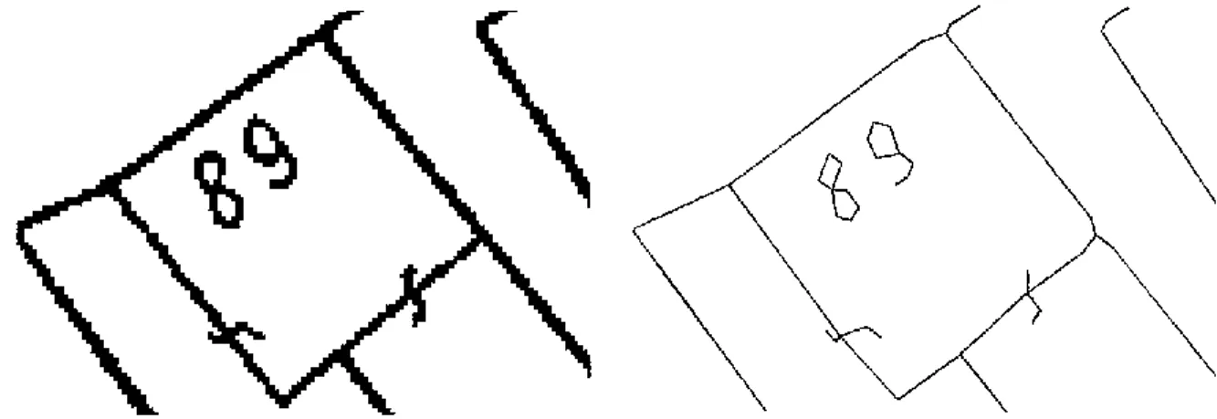 Példaként a 4. ábra bal oldalán egy szkennelt kataszteri térkép részletét látjuk (raszter), a  jobb oldalon ennek automatikus vonalkövetéssel vektorizált változatát