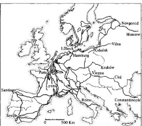 Figure 7. Bruges’ commercial horizon. The map presents the trade routes of a 13 th  century’s guidebook  published in Bruges (N.J.G