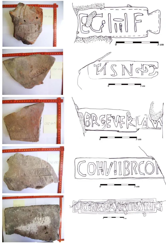 2. ábra: A vizsgált római kori bélyeges téglák, és a bélyegek rajzolata 