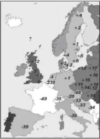 11-9. ábra Az EUVN (European Vertical Reference Network) és az egyes nemzeti alapszintek közötti  különbségek