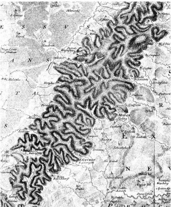 11-2. ábra Részlet Mikoviny Sámuel Pozsony megyét ábrázoló térképéből, példa az alaprajzszerű  domborzatábrázolásra