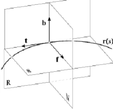 Figure 4.2. The Frenet frame and the planes determined by the frame’s vectors: the osculating  plane (S), the rectifying plane (R) and the normal plane(N)
