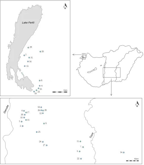 Fig. 1. Saline, alkaline lakes sampled from the 2 regions (lake numbers in Table 1).