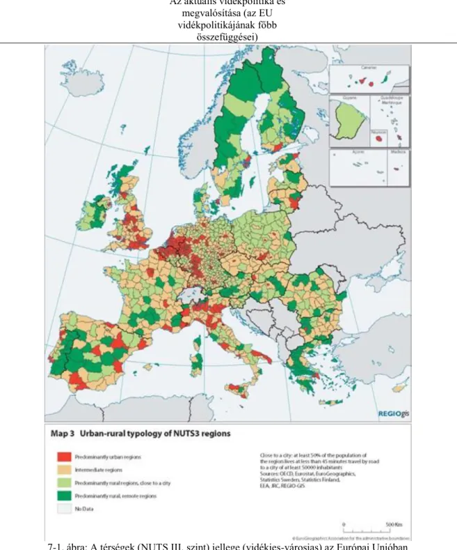 7-1. ábra: A térségek (NUTS III. szint) jellege (vidékies-városias) az Európai Unióban