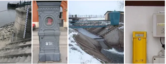 2.1. 3. ábra Hagyományos lapvízmérce, vízállásmérő automata a  Dunán Budapesten (bal) és vízrajzi állomás kiépített 