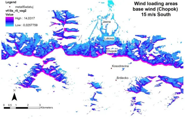 FIGURE 2. Possible wind loading areas for wind speed Chopok 15 m/s, south (magenta shows areas with highest wind loading) 