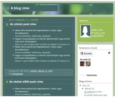 17. ábra:  A blogger.com szolgáltatásnak egy blogja, ahogyan a  böngészőben a látogatók számára megjelenik 21