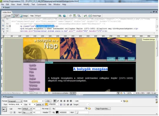 5. ábra:   Az Adobe Master Collection CS3 programcsomag Dreamweaver CS3  grafikus weblaptervezőjének felülete 