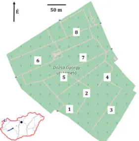 2. ábra. A település fekvése és a gyűjtési pontok elhelyezkedése. (forrás: ©  OpenStreetMap közreműködők)
