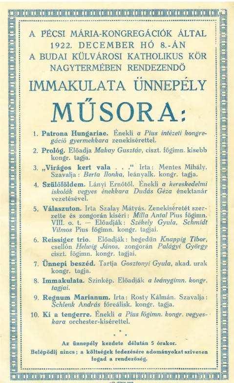 1. kép: A pécsi Mária-kongregációk 1922-es Immaculata-ünnepélyének műsora. Forrás: 
