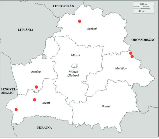1. ábra: Сакаловъ nevű mai és egykori települések (helységek) Belorusz mai térképén 51