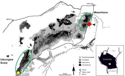 Figure  2.  The  Uzungwe  Mountains.  The  bryophytes  of  northeastern  part  (Mwanihana  Forest  reserve  within  the  National  Park  area,  marked  by  diamond)  are  relatively  well  known,  while  the  Udzungwe  Scarp  Forest  Reserve  at  the  sout