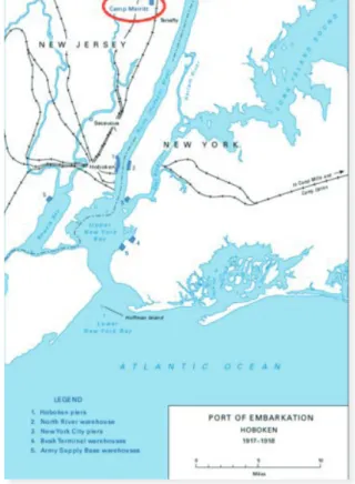4. kép: A kikötő Hoboken, New Jersey partjánál, Camp Merritt feltüntetésével 20