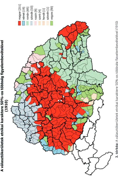 3. térkép: A választókerületek etnikai karaktere 50%-os többség figyelembevételével (1910)